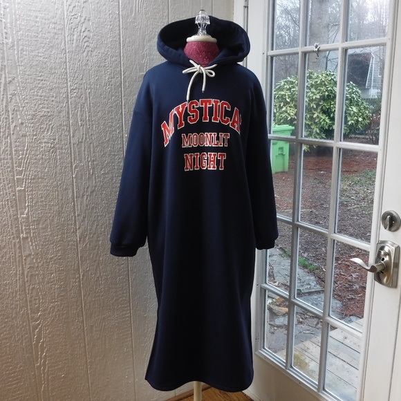 DAZY Navy Blue Color Hooded Long Sleeve Fleece Lined Sweatdress - Picture 4 of 9